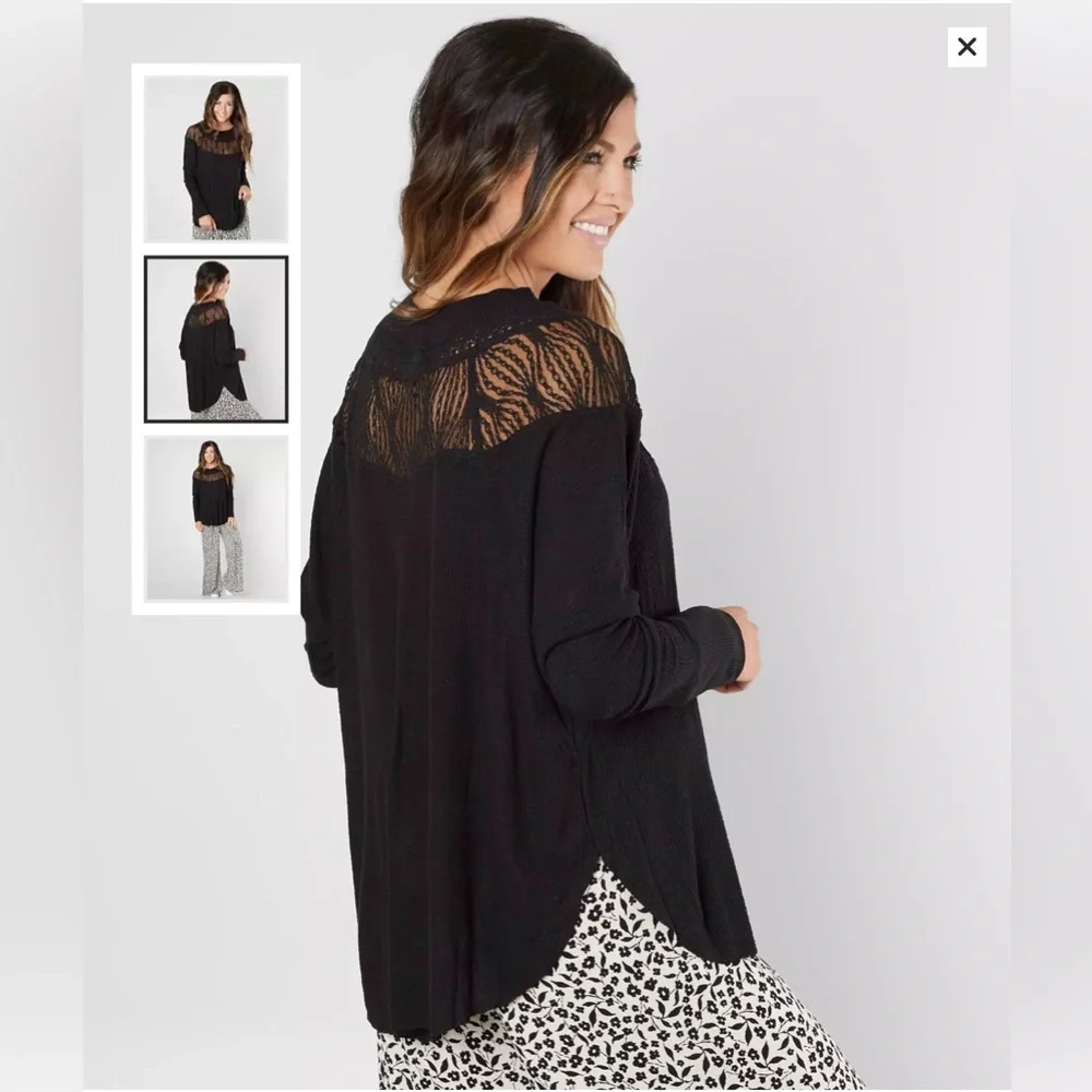 Free‎ People Spring Valley Lace-Trim Top Relaxed Fit Women’s M Black Waffle Knit